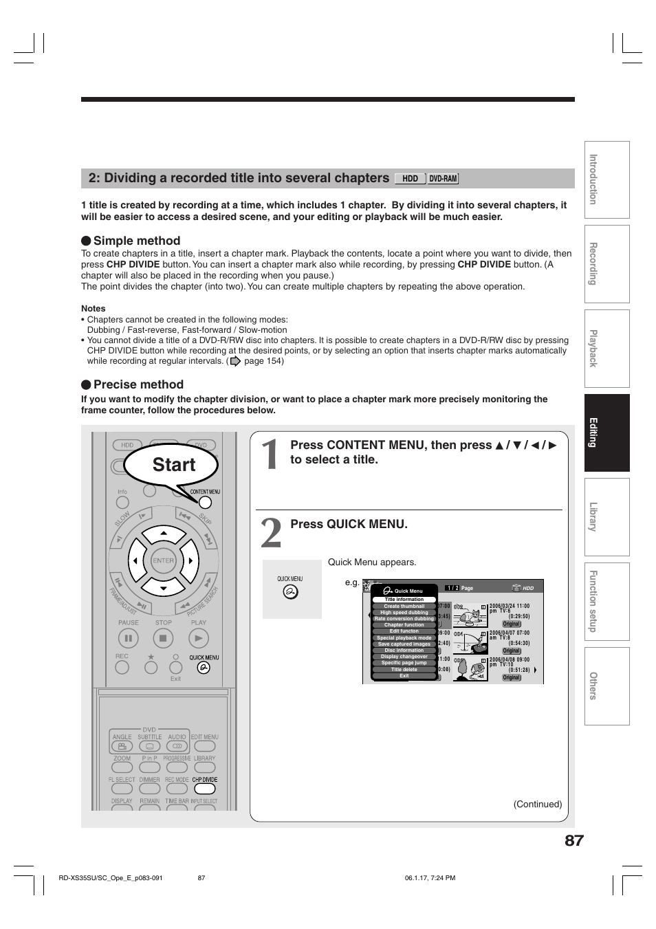 Start, Dividing a recorded title into several chapters, Press quick menu | Precise method, Simple method | Toshiba HDD/DVD Video Recorder RD-XS35SU User Manual | Page 87 / 225