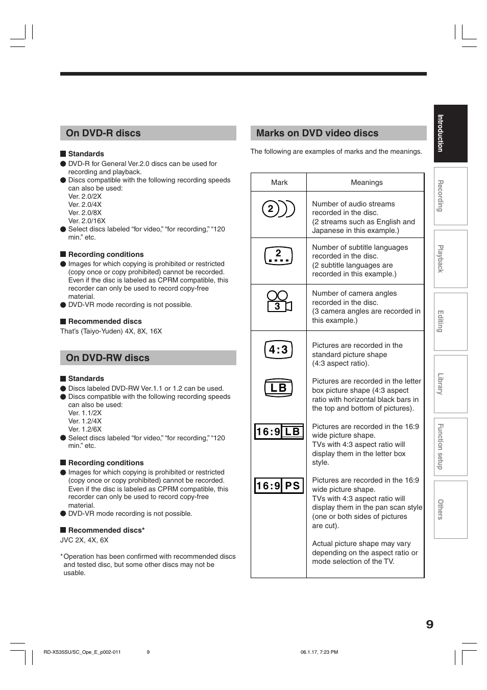 4 : 3 l b, Marks on dvd video discs, On dvd-r discs | On dvd-rw discs | Toshiba HDD/DVD Video Recorder RD-XS35SU User Manual | Page 9 / 225