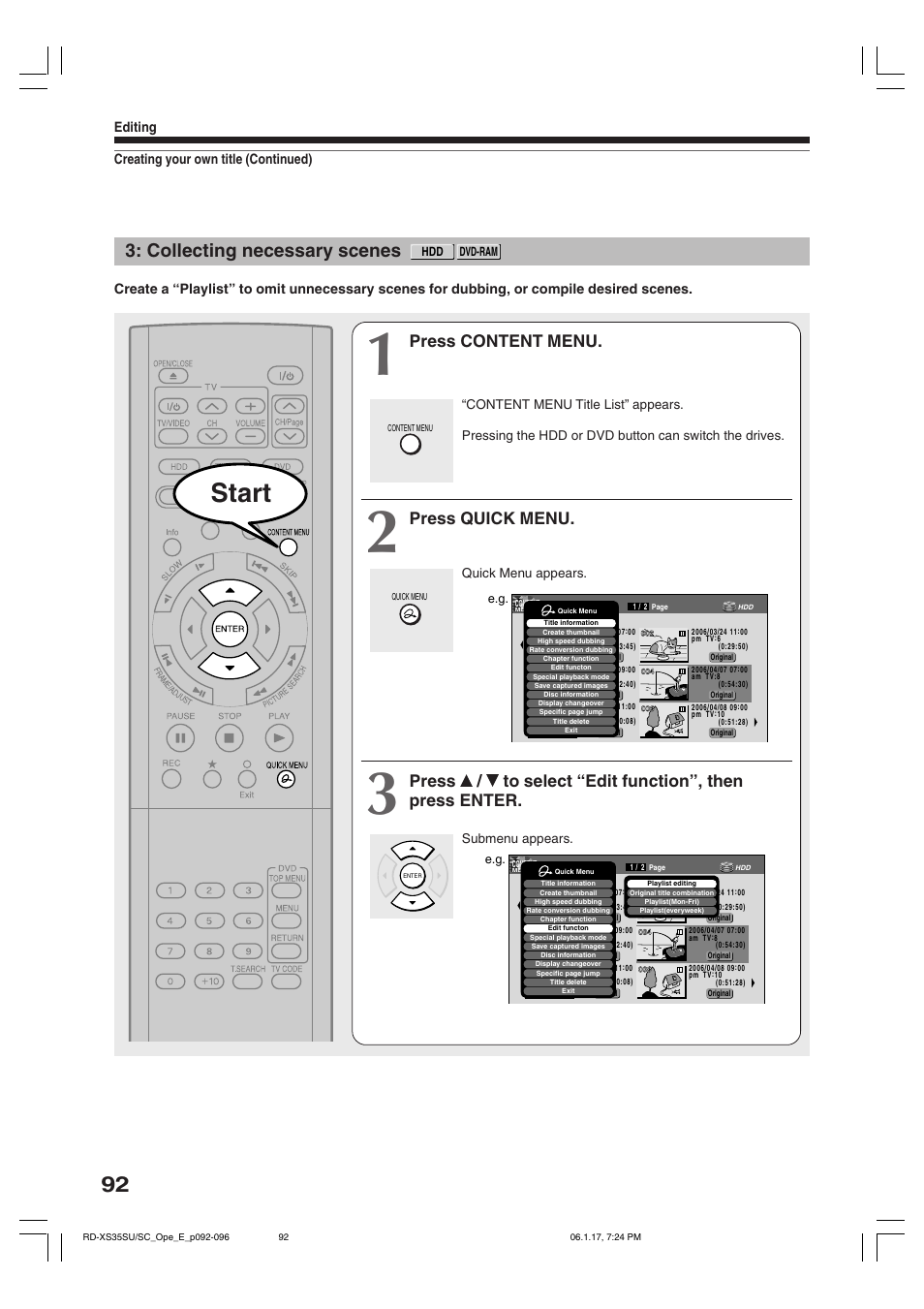 Start, Collecting necessary scenes, Press content menu | Press quick menu, Creating your own title (continued) editing | Toshiba HDD/DVD Video Recorder RD-XS35SU User Manual | Page 92 / 225
