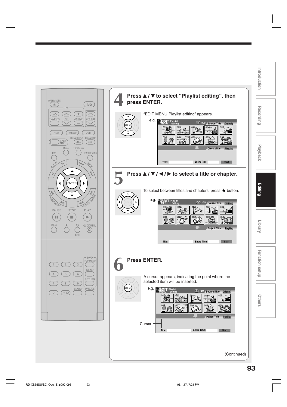 Press / / / to select a title or chapter, Press enter | Toshiba HDD/DVD Video Recorder RD-XS35SU User Manual | Page 93 / 225