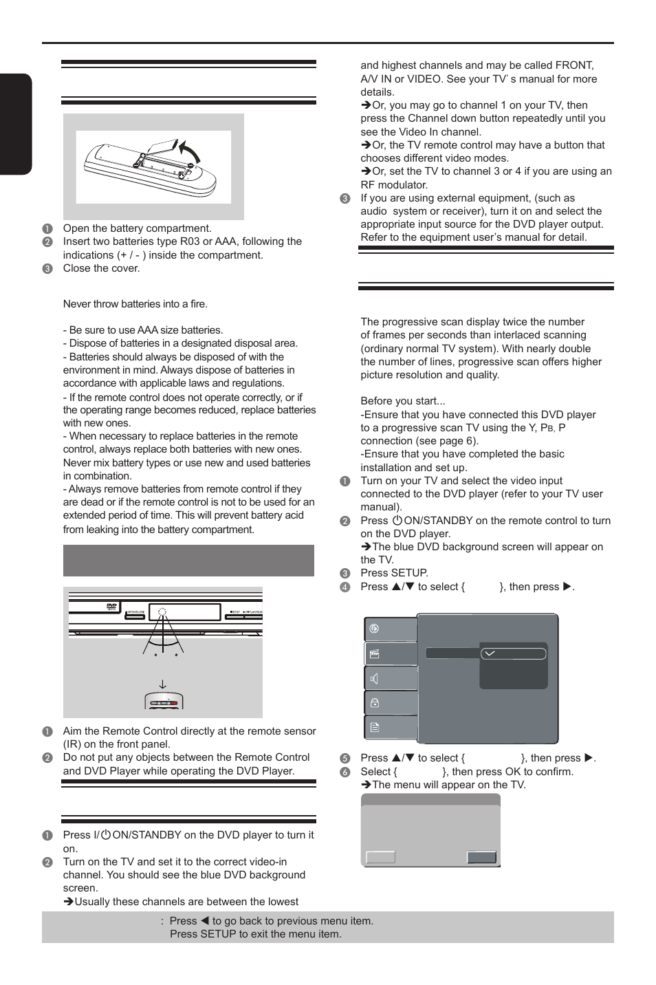 Getting started, En g li s h, Inserting batteries | Using the remote control to operate the system, Finding your viewing channel, Setting up progressive scan feature | Toshiba DVD player SD3300KU User Manual | Page 12 / 28