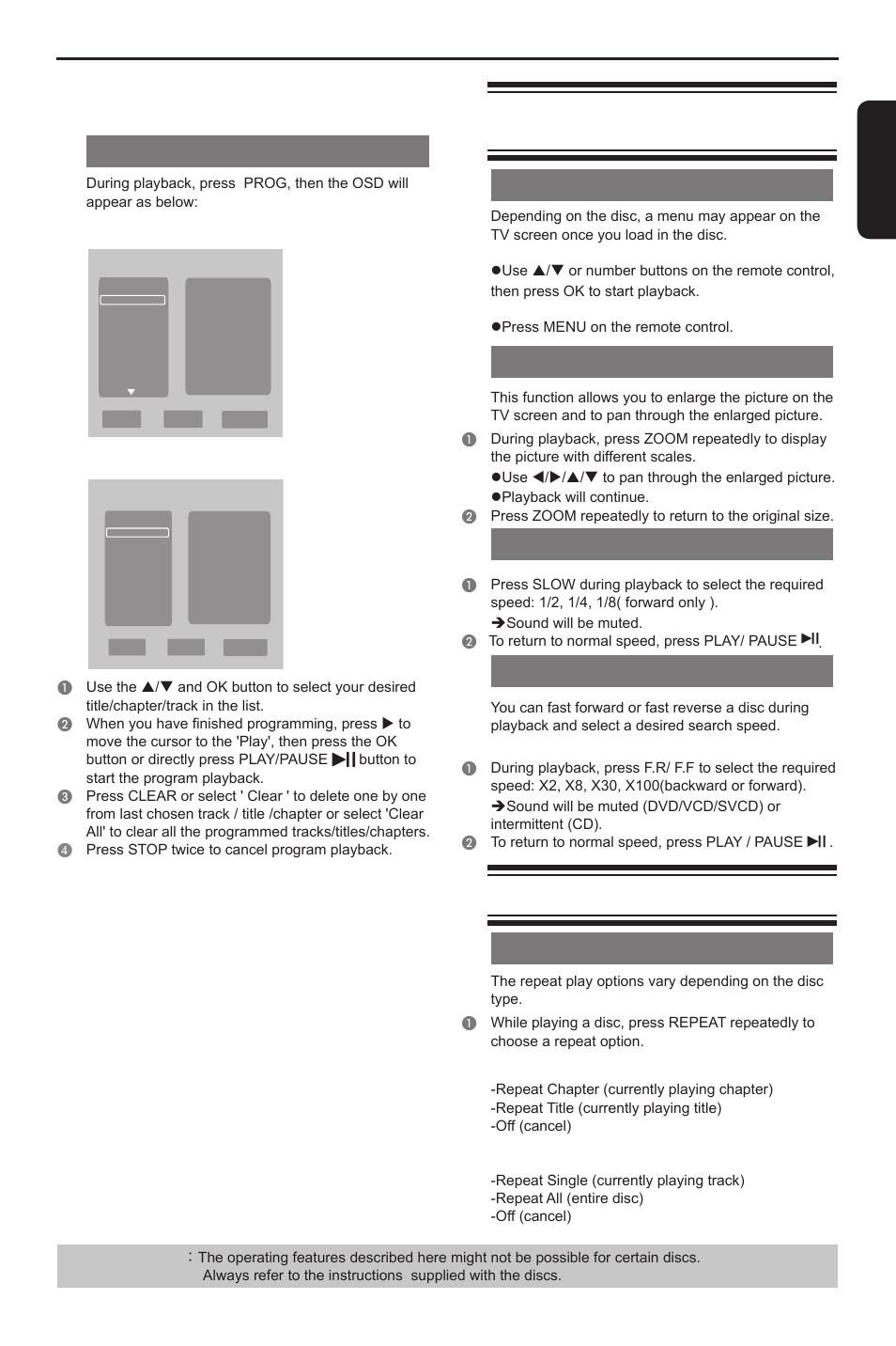 Playback feature, En g li s h, Program playback | Operations for video playback (dvd/ vcd/svcd), Using the disc menu, Zooming in, Slow motion, Forward/ reverse searching, Selecting various repeat functions, Repeat play mode | Toshiba DVD player SD3300KU User Manual | Page 15 / 28