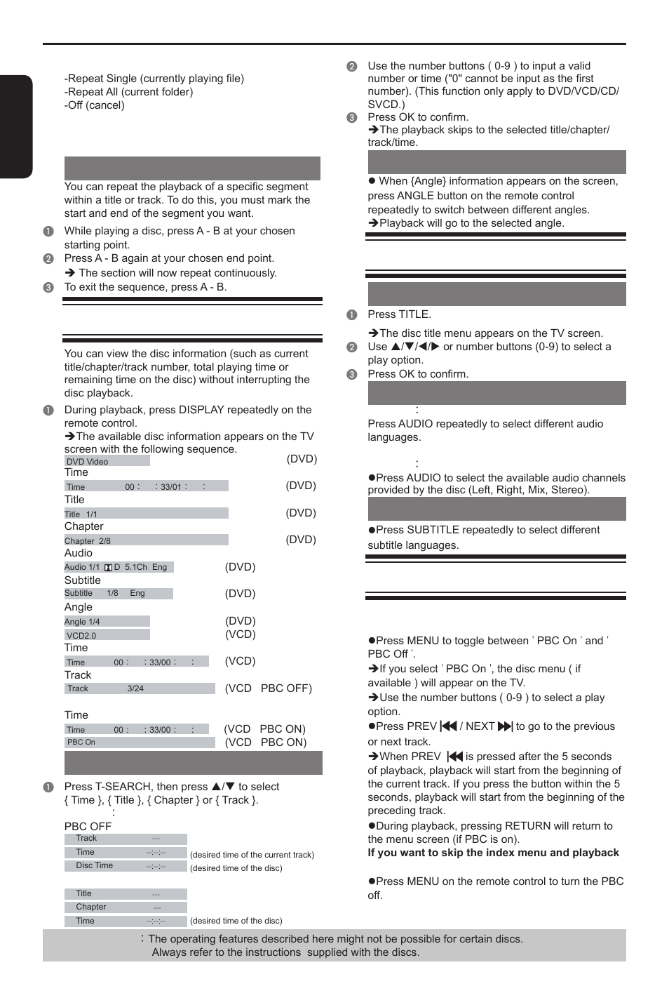 Playback feature, En g li s h, Viewing the disc playback information | Title/chapter/track/time selection, Angle, Special dvd features, Playing a title, Changing the audio language, Subtitles, Special vcd and svcd features | Toshiba DVD player SD3300KU User Manual | Page 16 / 28