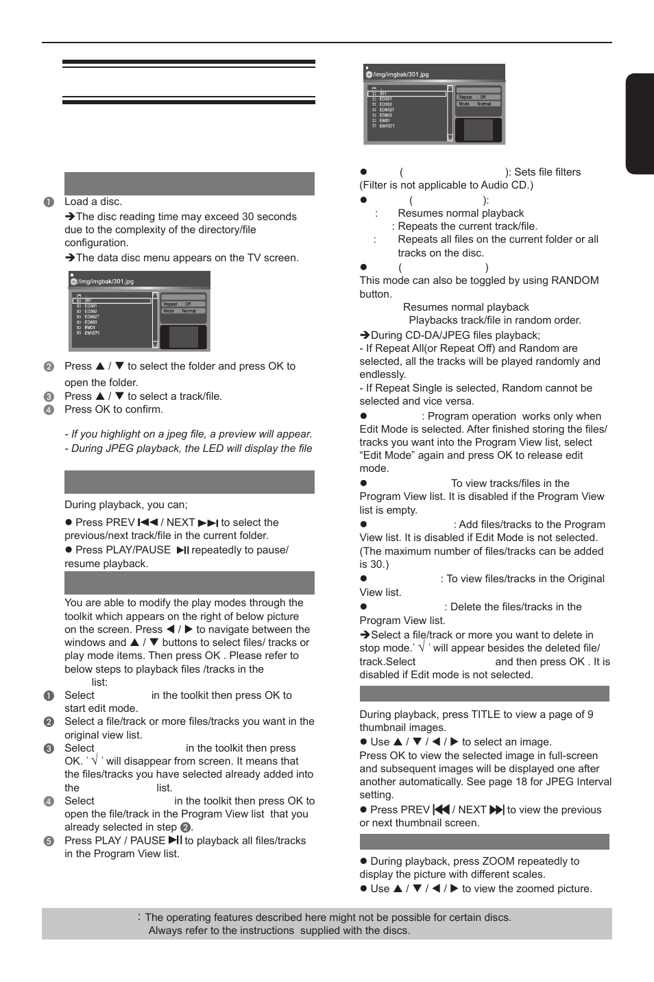 Playback feature, En g li s h, Preview ( jpeg) | Zoom picture ( jpeg), General operation, Playback selection, Play modes for audio cd/jpeg | Toshiba DVD player SD3300KU User Manual | Page 17 / 28