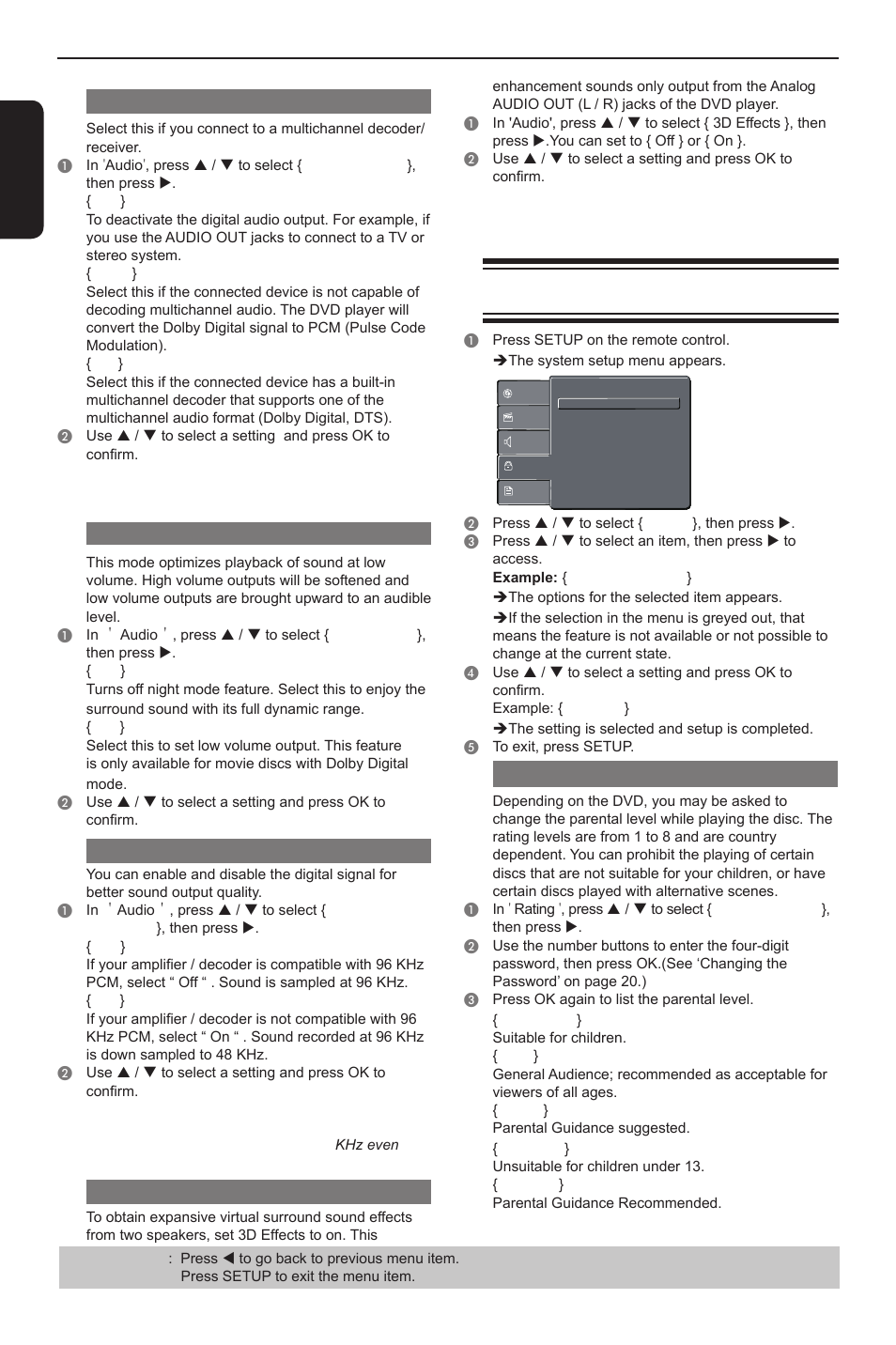 Dvd menu options, En g li s h, Digital output | Night mode, Down sampling, 3d effects, Using the rating setup menu, Rating level settings | Toshiba DVD player SD3300KU User Manual | Page 20 / 28