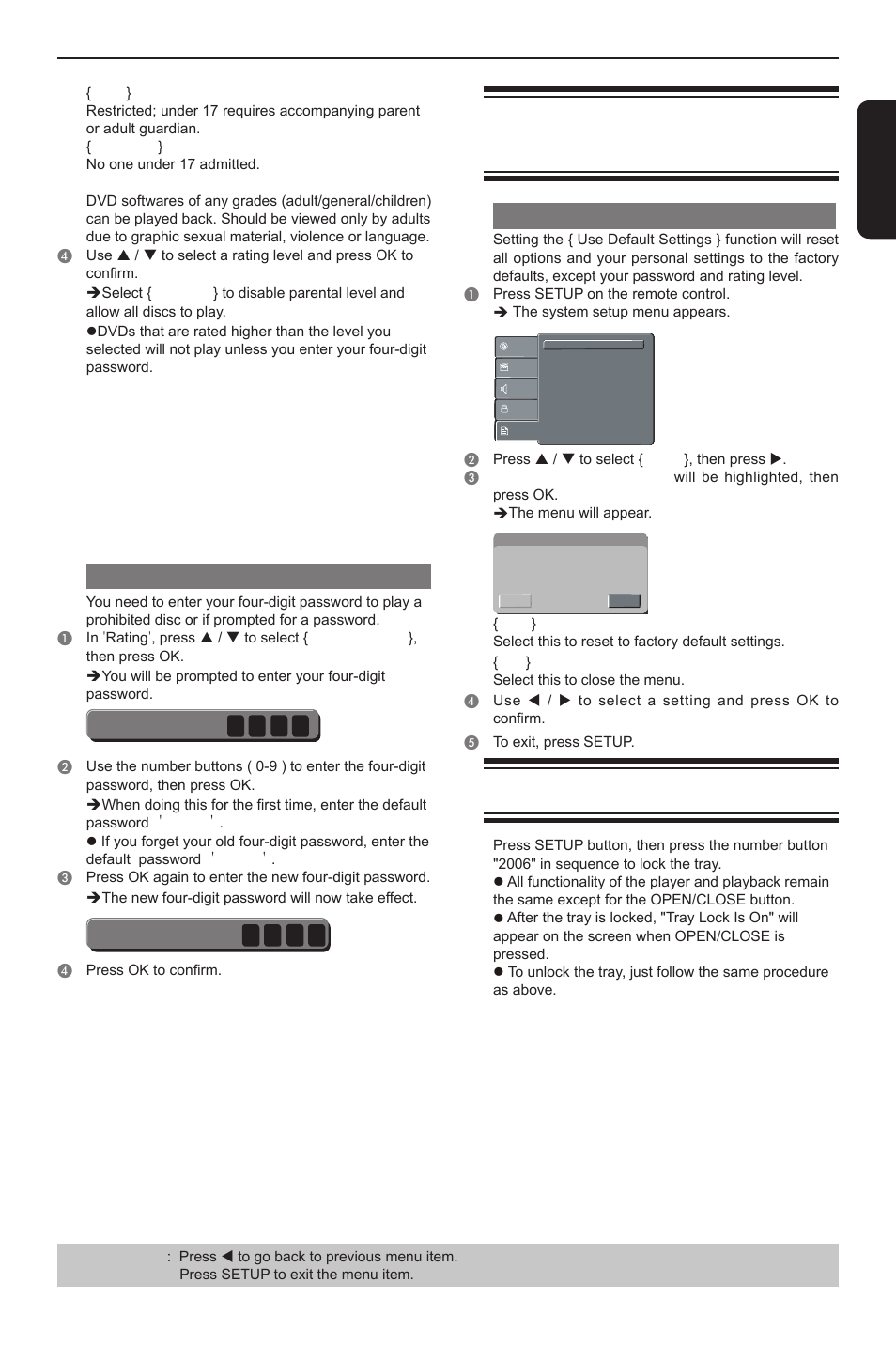 Dvd menu options, En g li s h, Changing the password | Using the misc (miscellaneous) setup menu, Restoring to original settings, Tray lock | Toshiba DVD player SD3300KU User Manual | Page 21 / 28