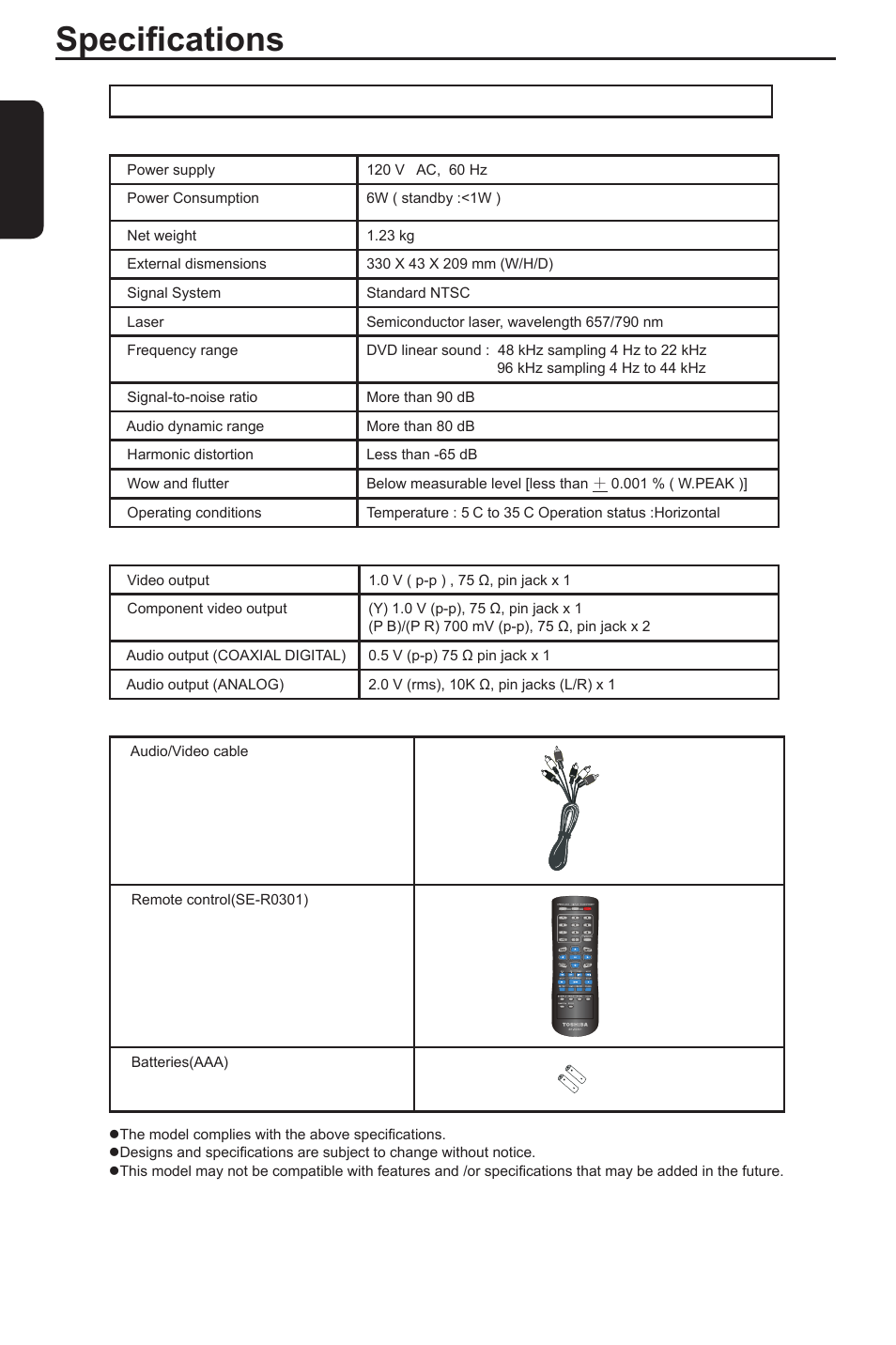 Specifications, En g li s h, Dvd player/outputs/supplied accessories | Toshiba DVD player SD3300KU User Manual | Page 22 / 28