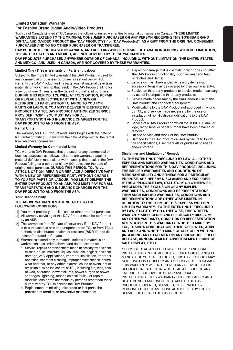 Canadian warranty information | Toshiba DVD player SD3300KU User Manual | Page 27 / 28