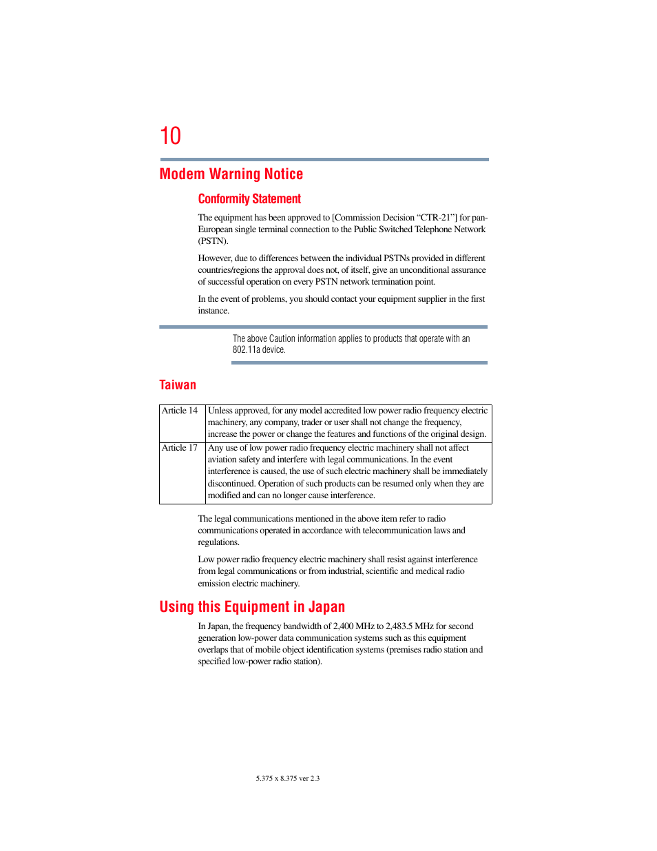 Modem warning notice, Using this equipment in japan | Toshiba A200 User Manual | Page 10 / 244