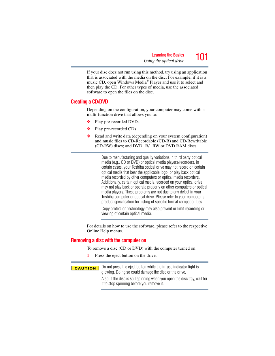 Creating a cd/dvd, Removing a disc with the computer on | Toshiba A200 User Manual | Page 101 / 244