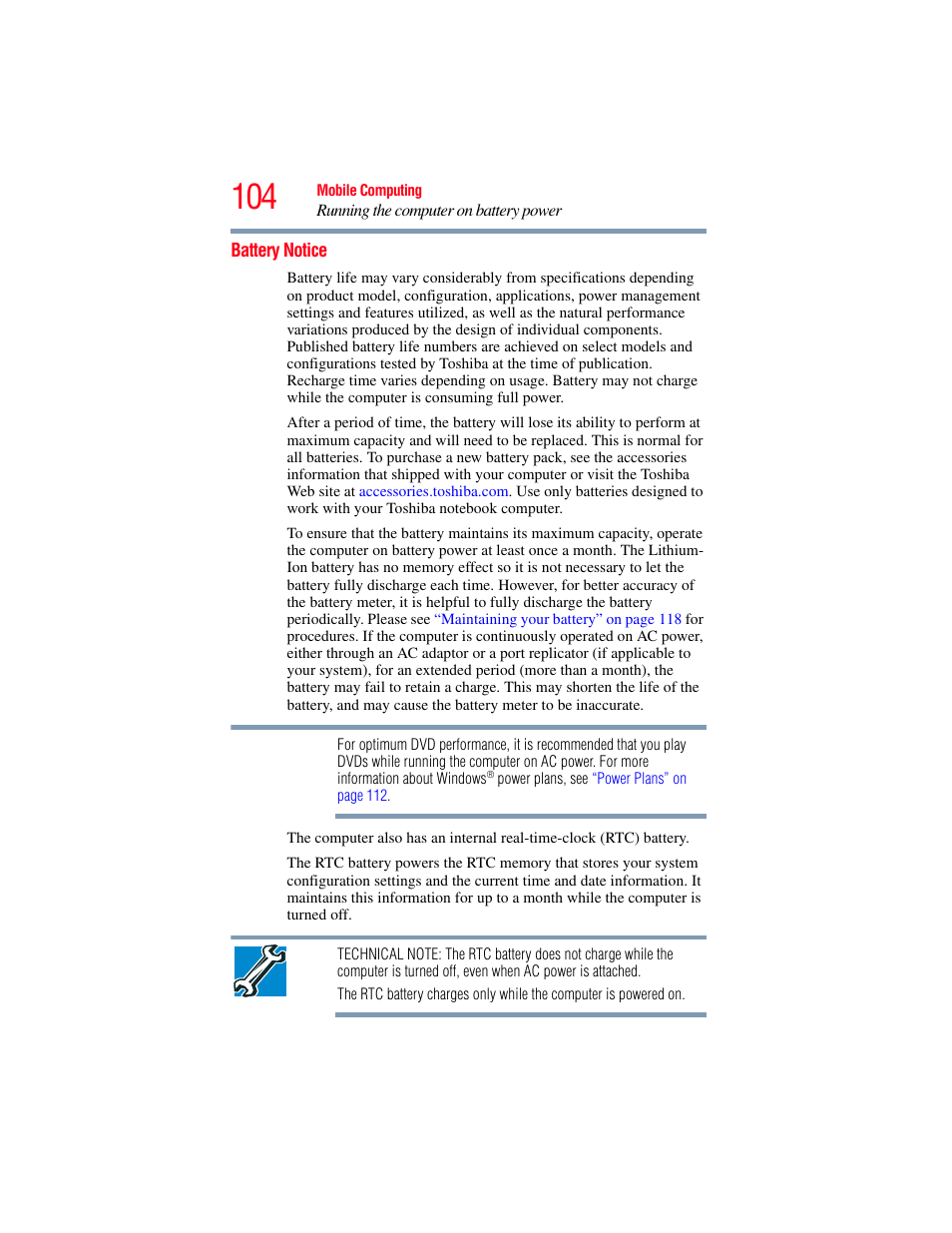 Battery notice | Toshiba A200 User Manual | Page 104 / 244