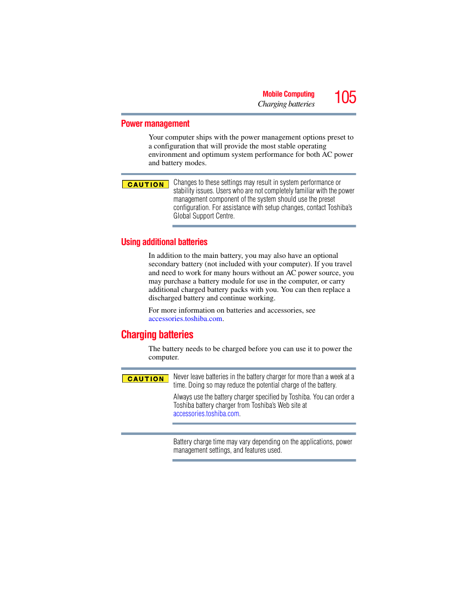 Power management, Using additional batteries, Charging batteries | Power management using additional batteries | Toshiba A200 User Manual | Page 105 / 244