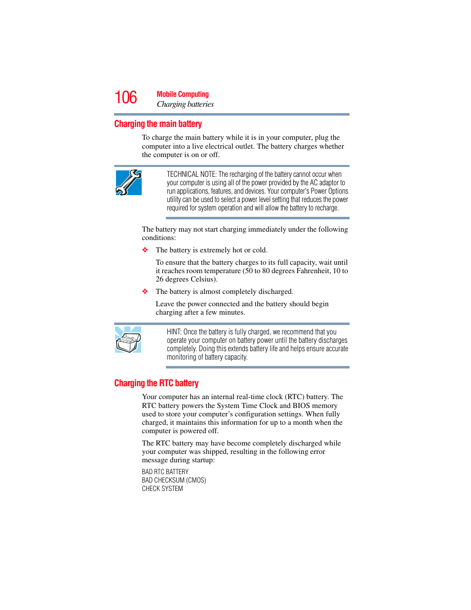 Charging the main battery, Charging the rtc battery, Charging the main battery charging the rtc battery | Toshiba A200 User Manual | Page 106 / 244