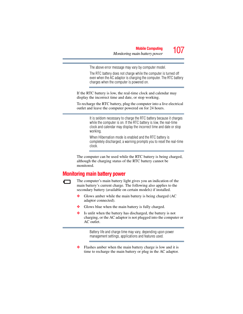 Monitoring main battery power | Toshiba A200 User Manual | Page 107 / 244