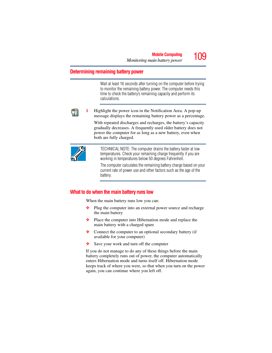 Determining remaining battery power, What to do when the main battery runs low | Toshiba A200 User Manual | Page 109 / 244