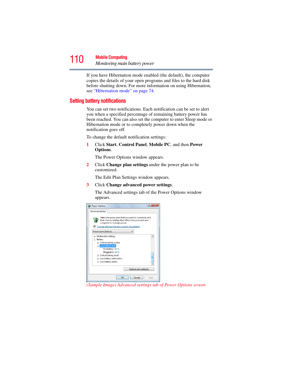 Setting battery notifications | Toshiba A200 User Manual | Page 110 / 244