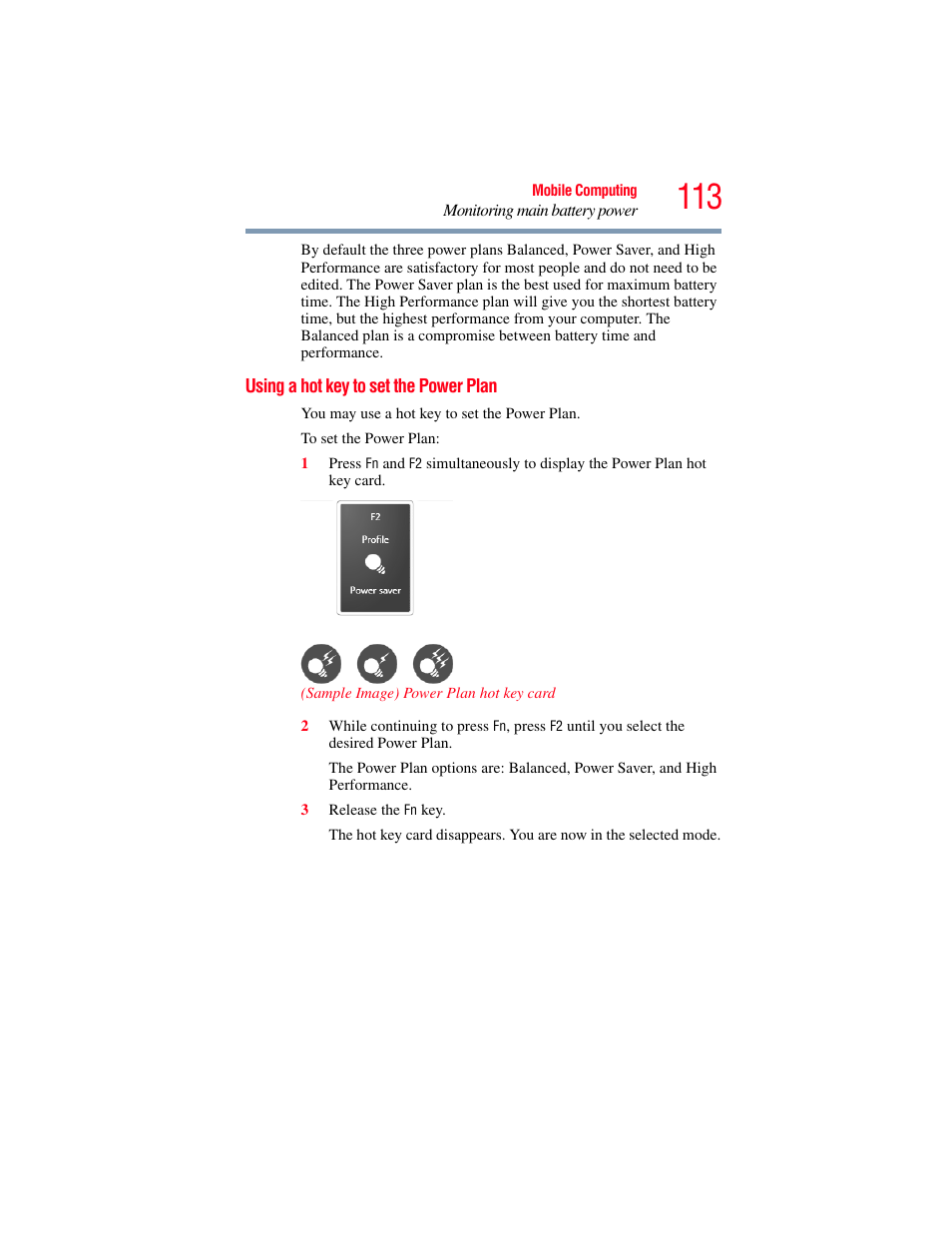 Using a hot key to set the power plan | Toshiba A200 User Manual | Page 113 / 244