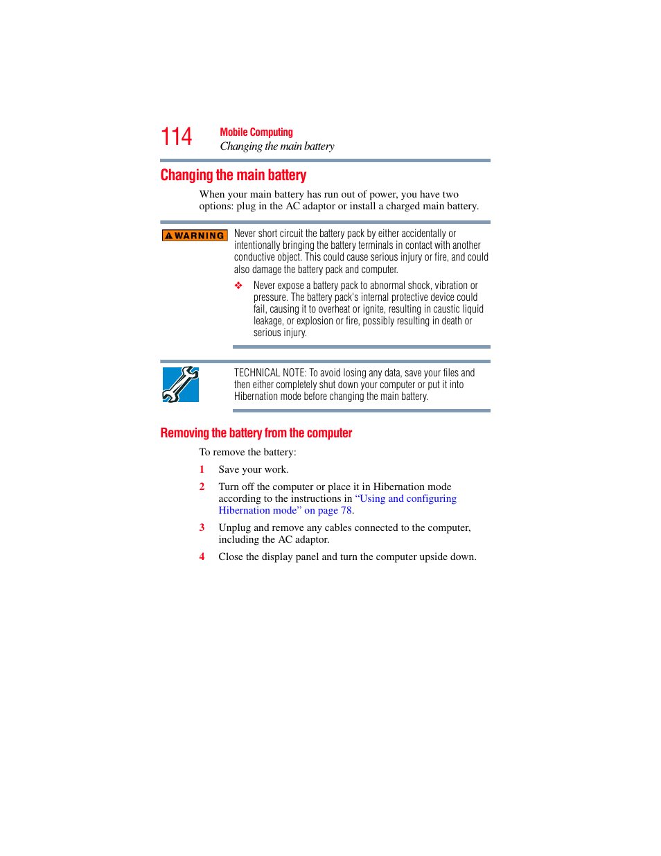 Changing the main battery, Removing the battery from the computer | Toshiba A200 User Manual | Page 114 / 244