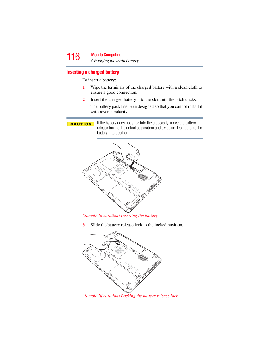 Inserting a charged battery | Toshiba A200 User Manual | Page 116 / 244
