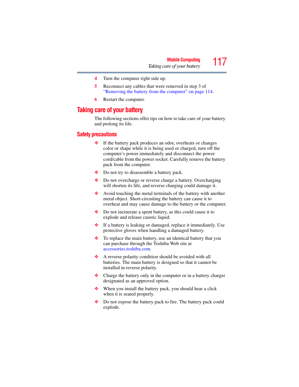 Taking care of your battery, Safety precautions | Toshiba A200 User Manual | Page 117 / 244