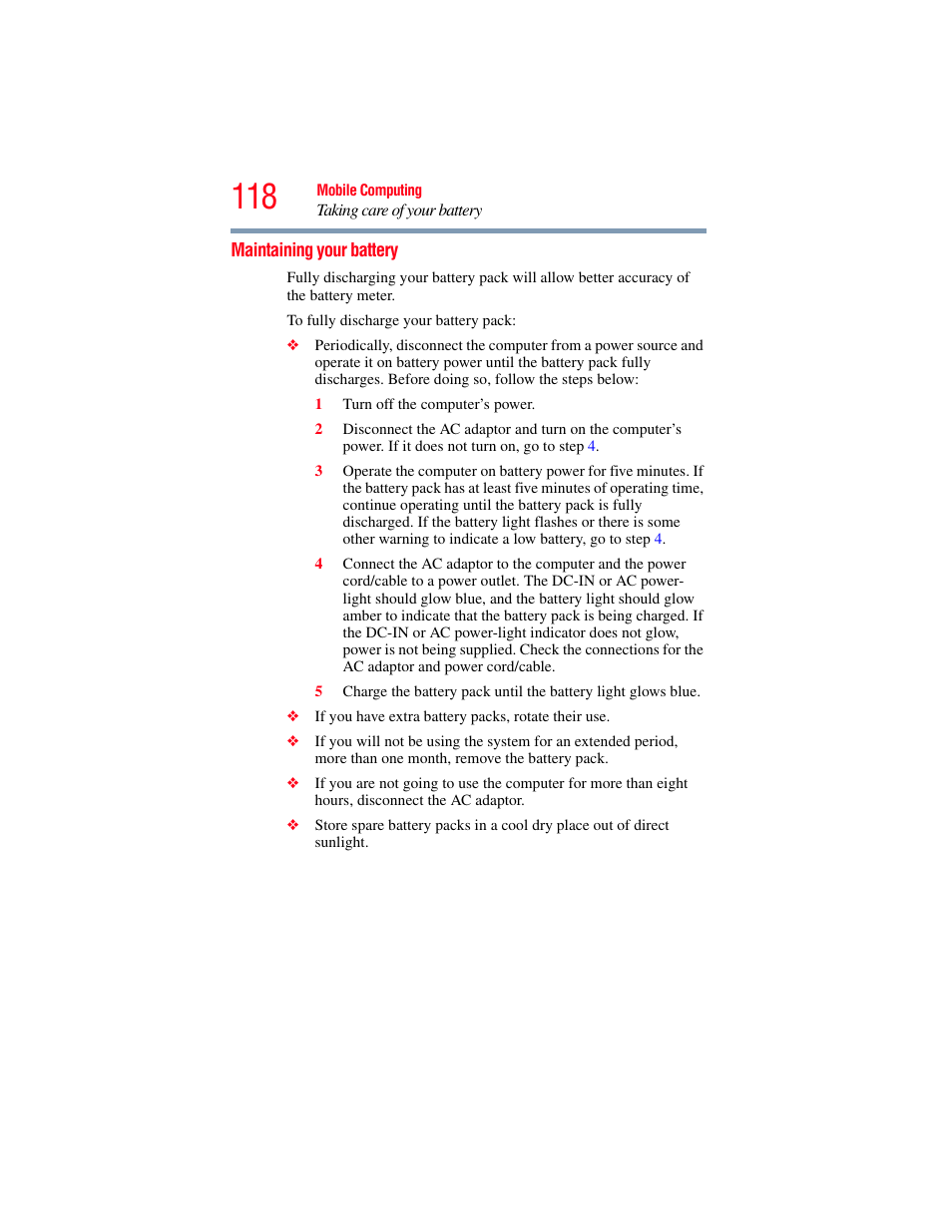 Maintaining your battery | Toshiba A200 User Manual | Page 118 / 244