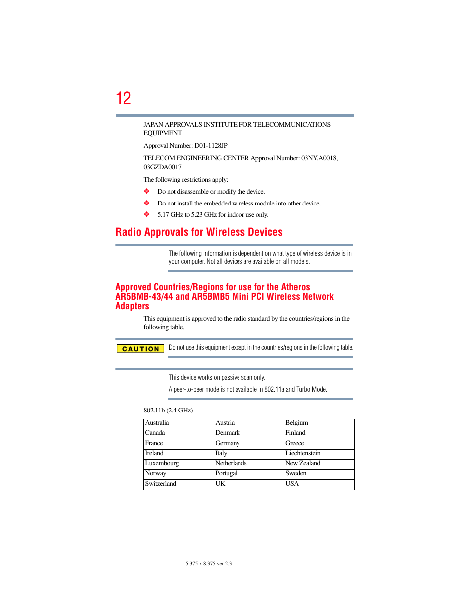 Radio approvals for wireless devices | Toshiba A200 User Manual | Page 12 / 244