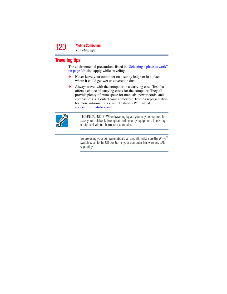 Traveling tips | Toshiba A200 User Manual | Page 120 / 244