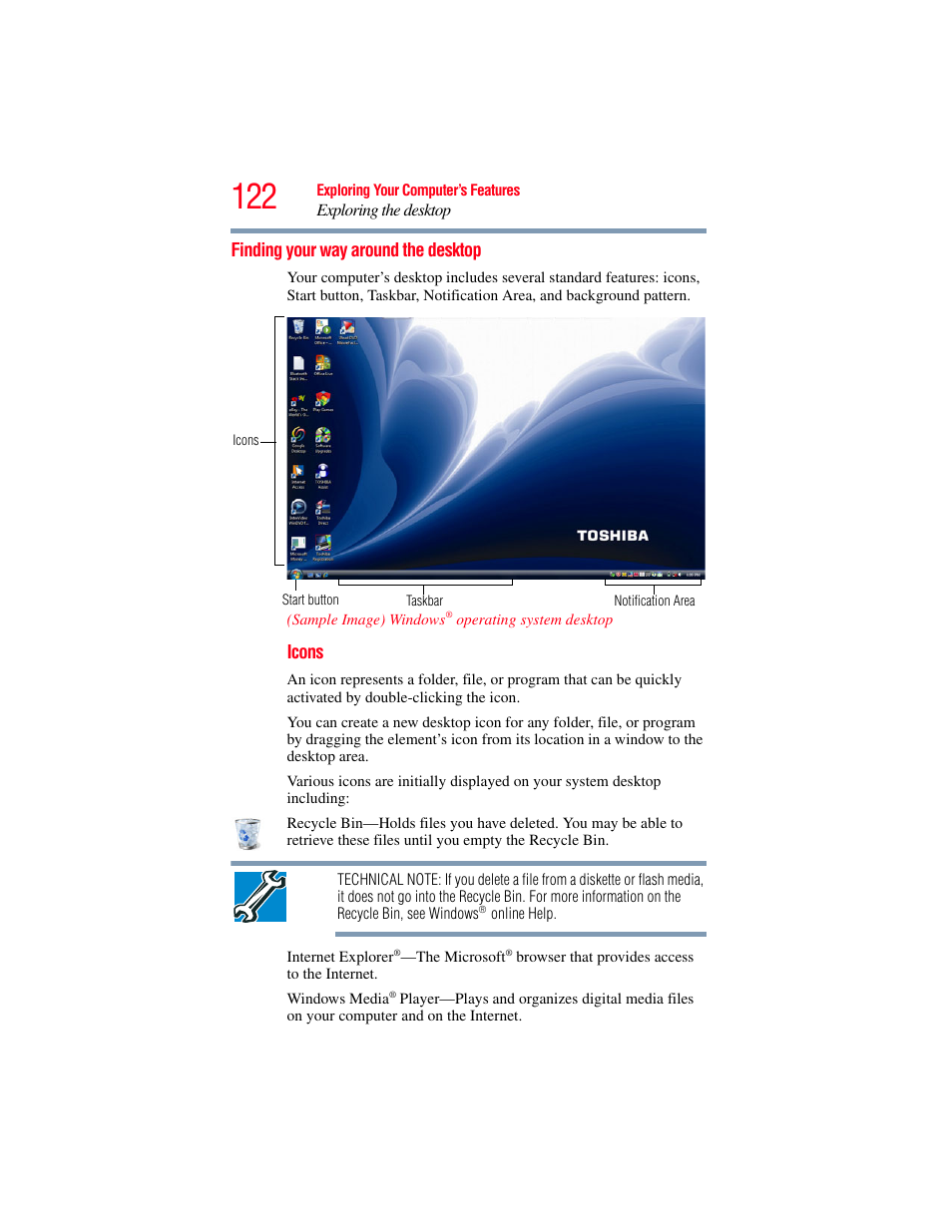 Finding your way around the desktop | Toshiba A200 User Manual | Page 122 / 244
