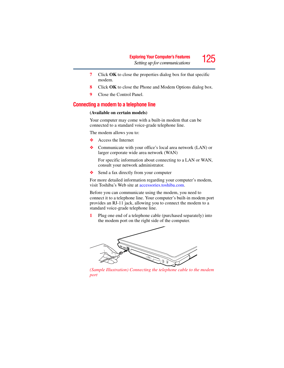 Connecting a modem to a telephone line | Toshiba A200 User Manual | Page 125 / 244