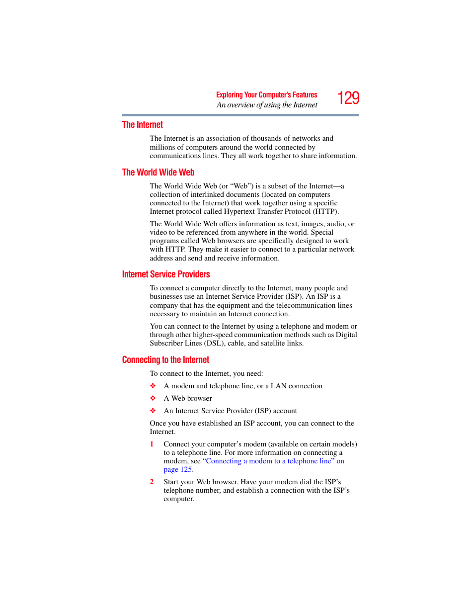 The internet, The world wide web, Internet service providers | Connecting to the internet | Toshiba A200 User Manual | Page 129 / 244