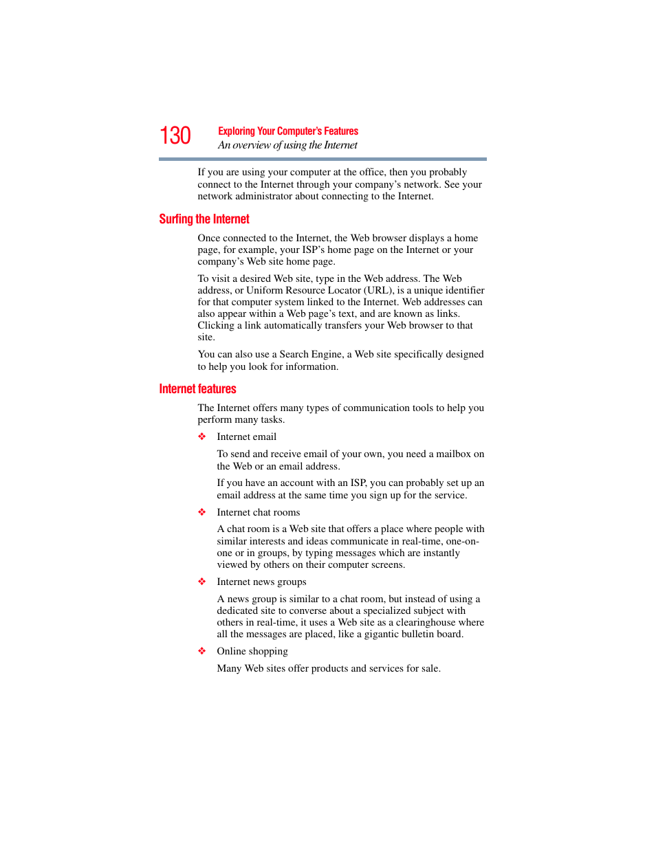 Surfing the internet, Internet features, Surfing the internet internet features | Toshiba A200 User Manual | Page 130 / 244