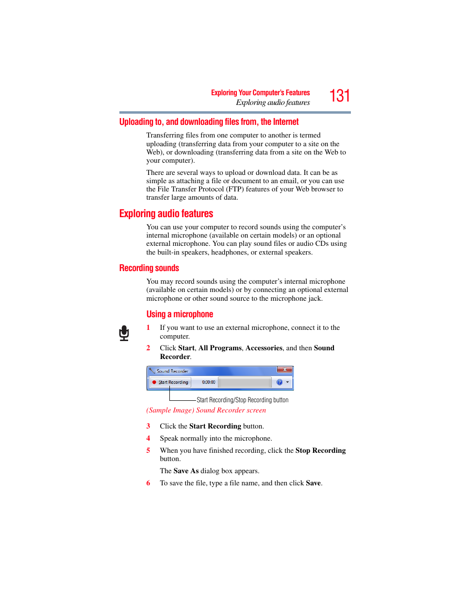 Exploring audio features, Recording sounds, Uploading to, and downloading files | From, the internet | Toshiba A200 User Manual | Page 131 / 244