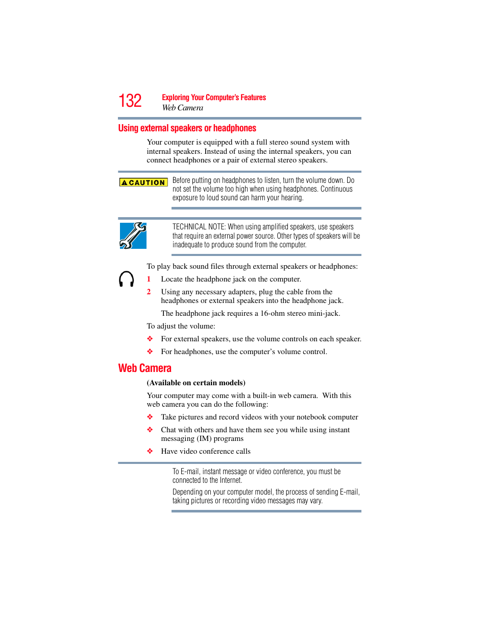 Using external speakers or headphones, Web camera | Toshiba A200 User Manual | Page 132 / 244
