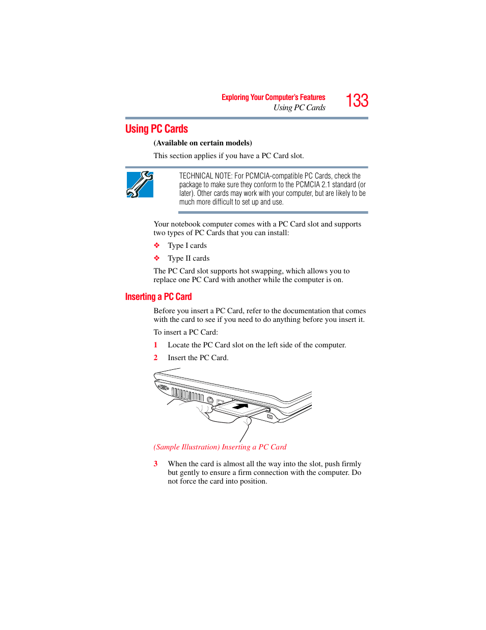 Using pc cards, Inserting a pc card | Toshiba A200 User Manual | Page 133 / 244