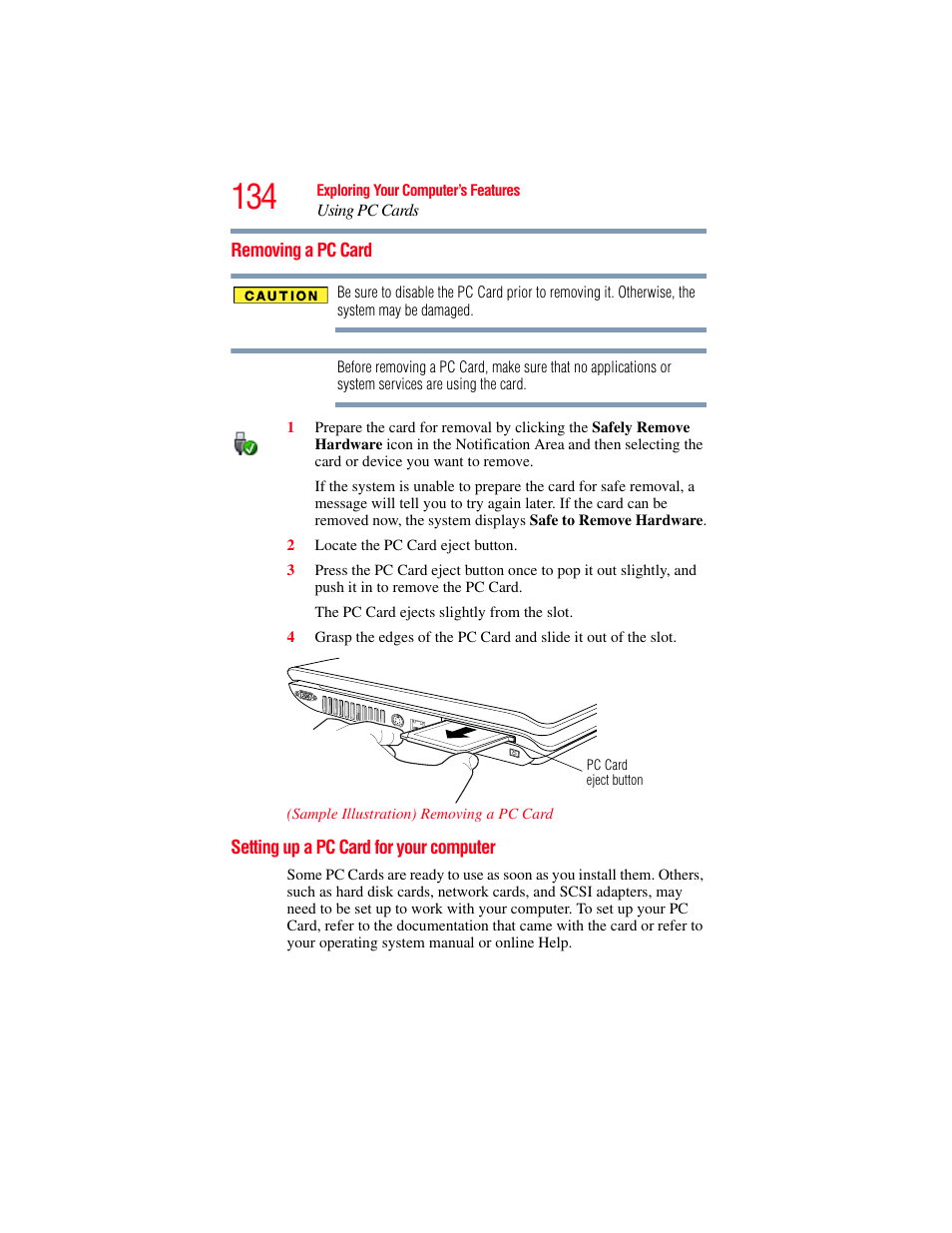 Removing a pc card, Setting up a pc card for your computer | Toshiba A200 User Manual | Page 134 / 244