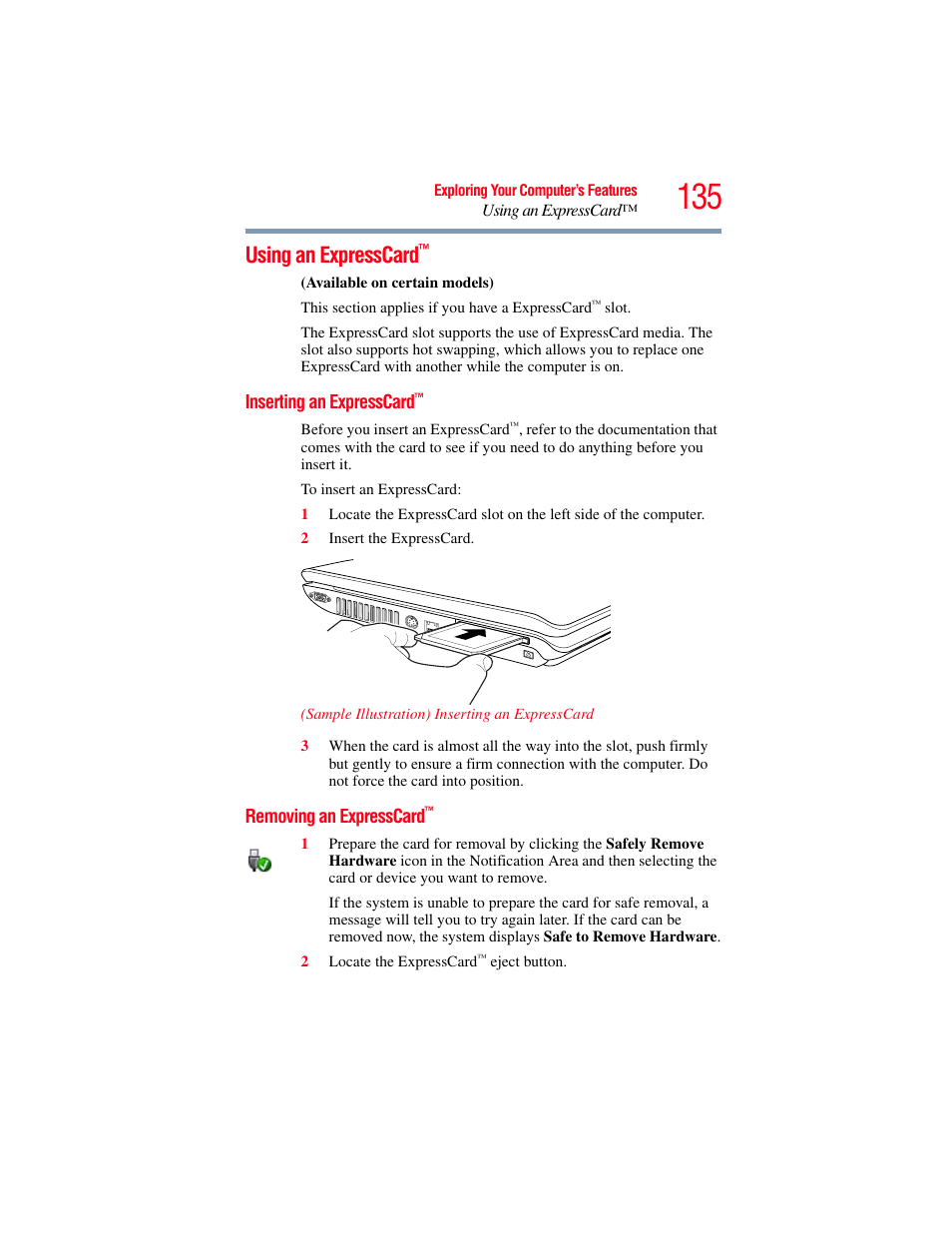 Using an expresscard, Inserting an expresscard, Removing an expresscard | Inserting an expresscard™ removing an expresscard, Using an expresscard™” on | Toshiba A200 User Manual | Page 135 / 244