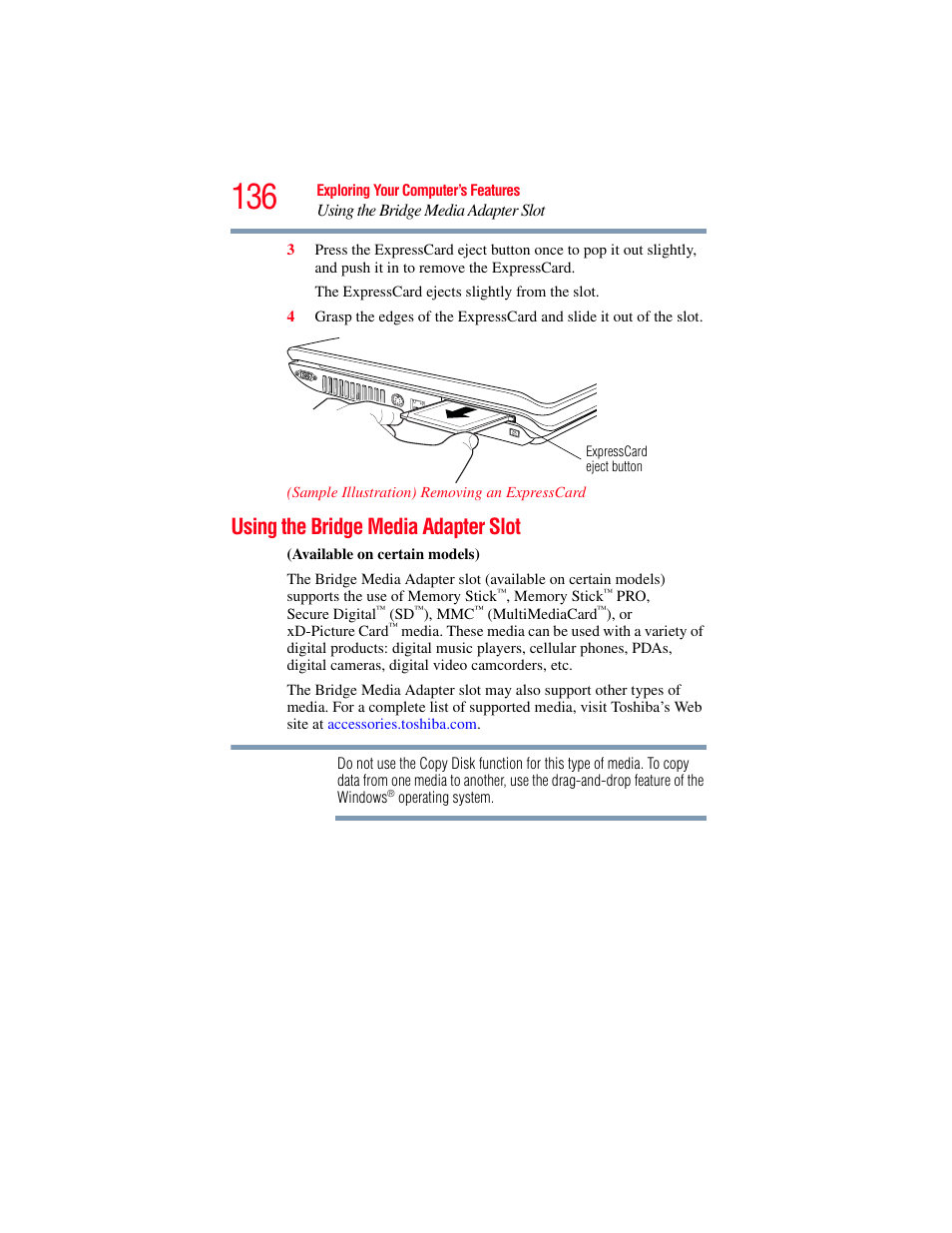 Using the bridge media adapter slot | Toshiba A200 User Manual | Page 136 / 244