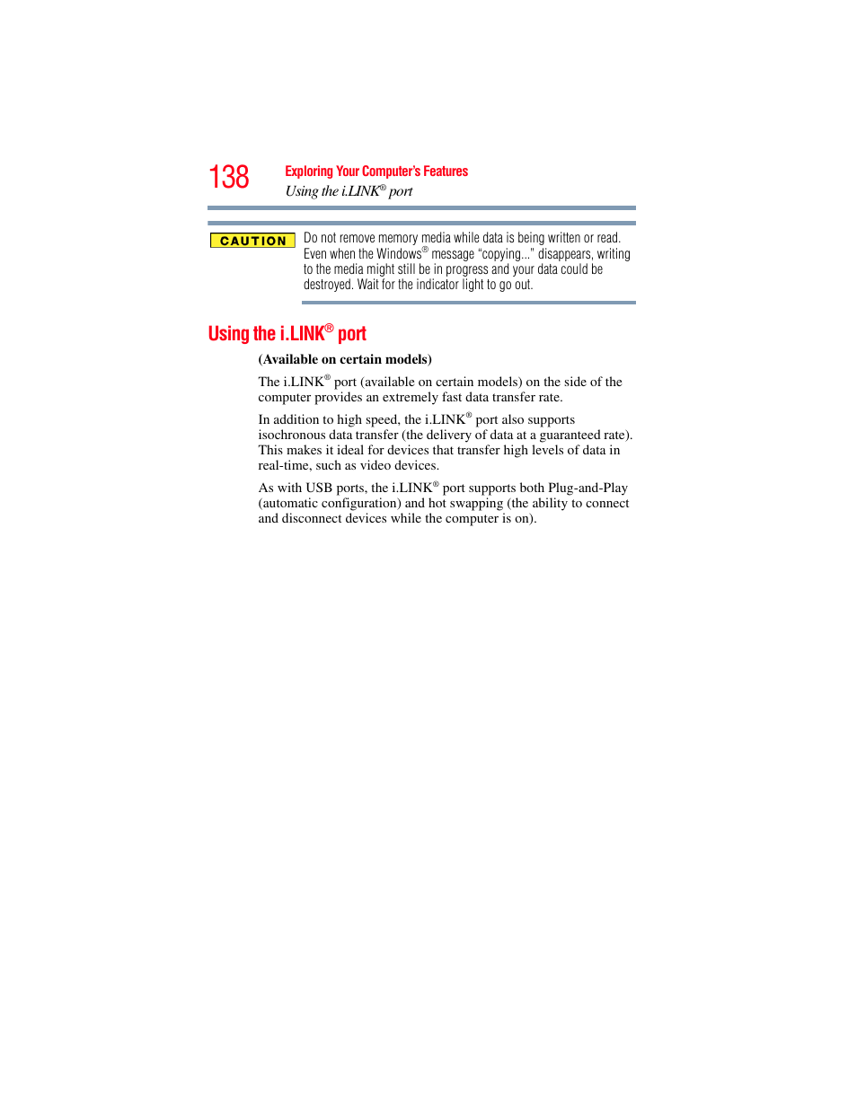 Using the i.link® port, Using the i.link, Port | Toshiba A200 User Manual | Page 138 / 244