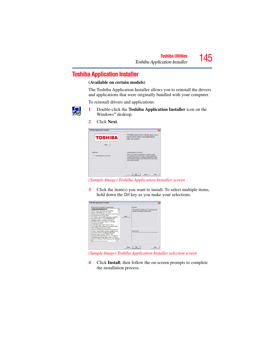 Toshiba application installer | Toshiba A200 User Manual | Page 145 / 244
