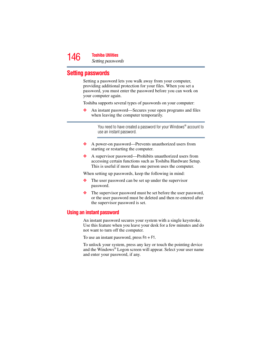 Setting passwords, Using an instant password | Toshiba A200 User Manual | Page 146 / 244