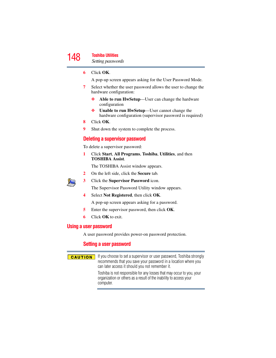 Using a user password, User password | Toshiba A200 User Manual | Page 148 / 244