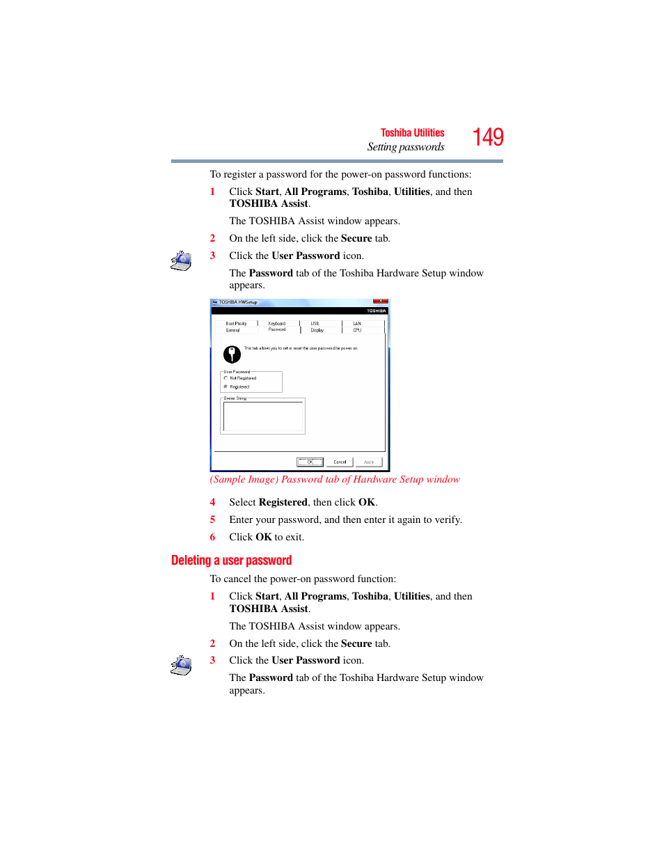 Deleting a user password | Toshiba A200 User Manual | Page 149 / 244