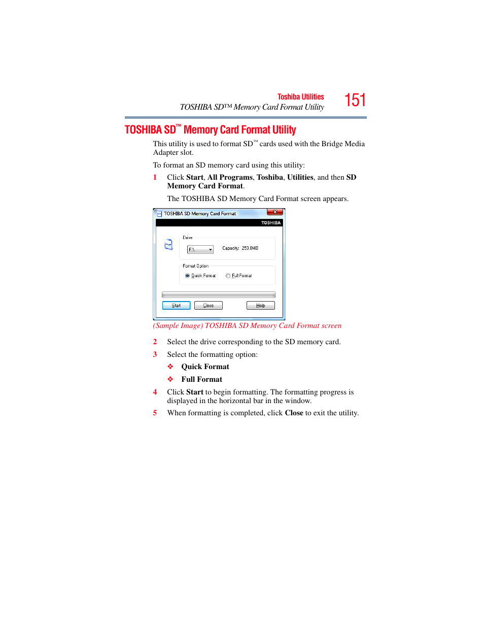 Toshiba sd™ memory card format utility, Toshiba sd | Toshiba A200 User Manual | Page 151 / 244