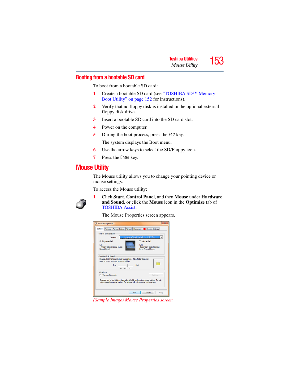 Booting from a bootable sd card, Mouse utility | Toshiba A200 User Manual | Page 153 / 244
