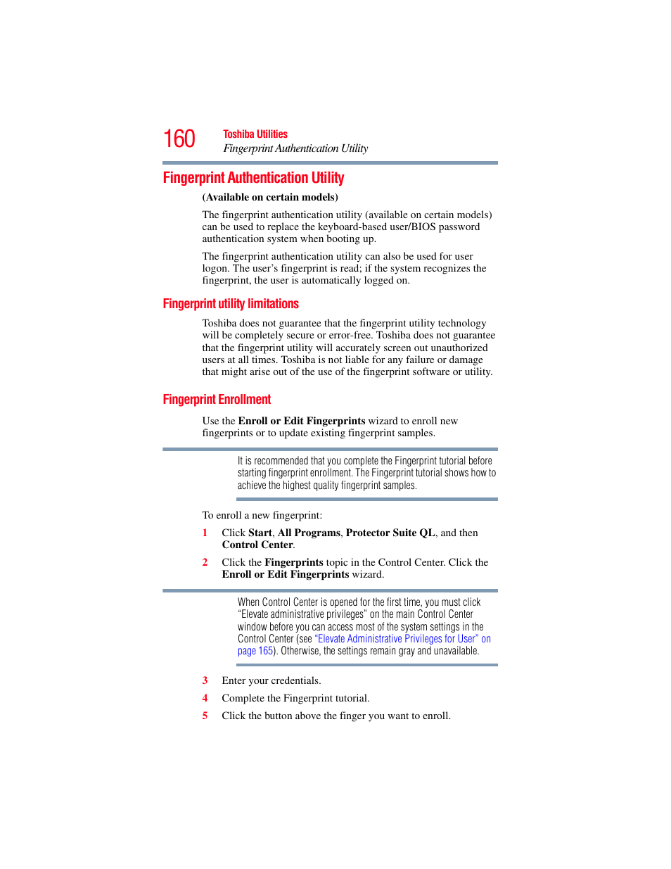 Fingerprint authentication utility, Fingerprint utility limitations, Fingerprint enrollment | Toshiba A200 User Manual | Page 160 / 244