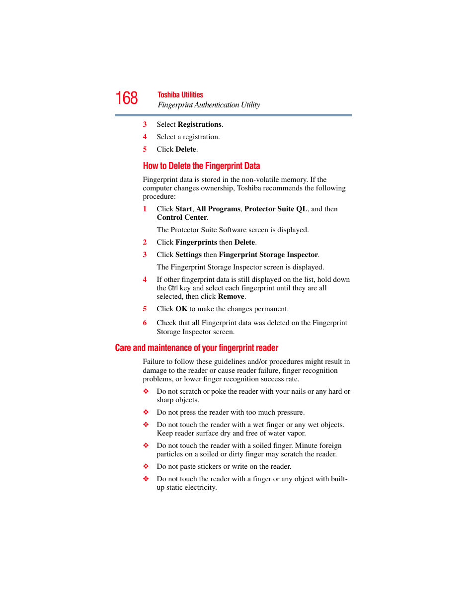 Care and maintenance of your fingerprint reader, Care and maintenance of your, Fingerprint reader | Toshiba A200 User Manual | Page 168 / 244