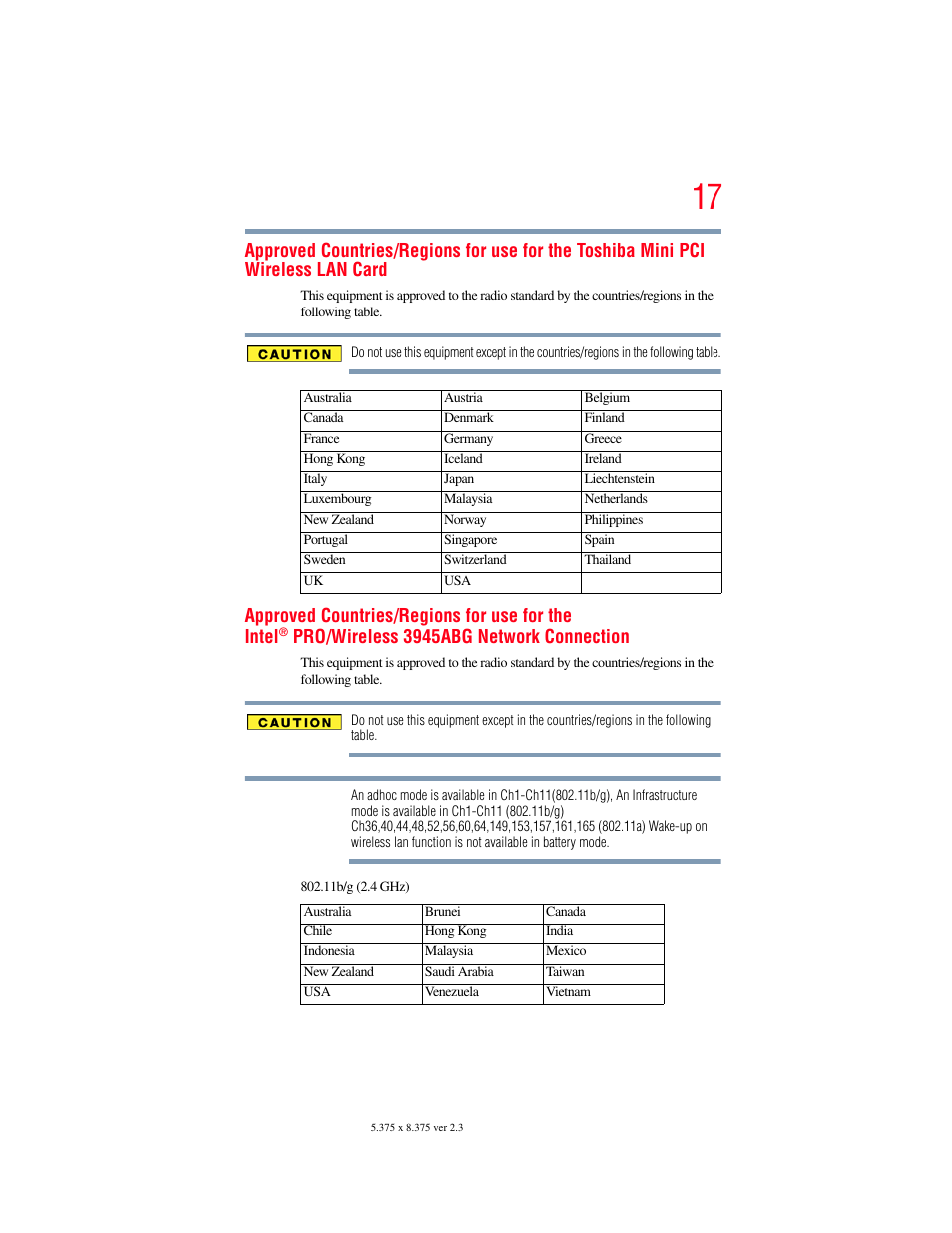 Approved countries/regions for use for the intel, Pro/wireless 3945abg network connection | Toshiba A200 User Manual | Page 17 / 244