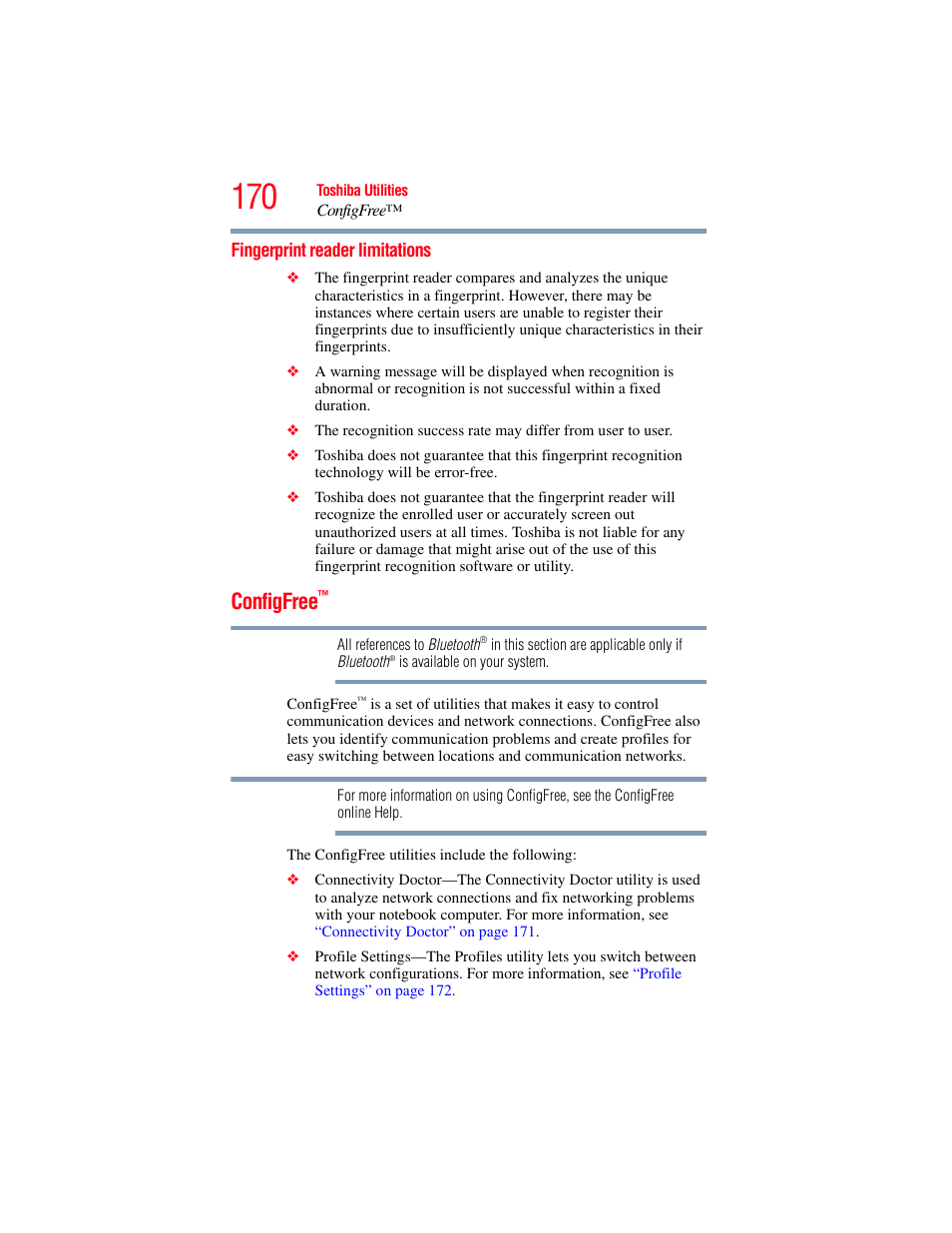 Fingerprint reader limitations, Configfree | Toshiba A200 User Manual | Page 170 / 244