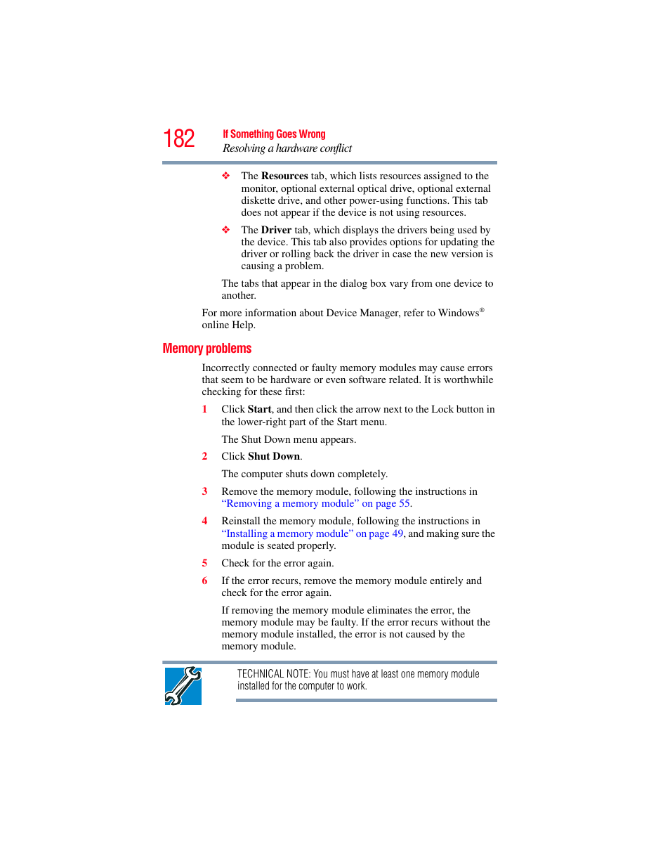 Memory problems | Toshiba A200 User Manual | Page 182 / 244