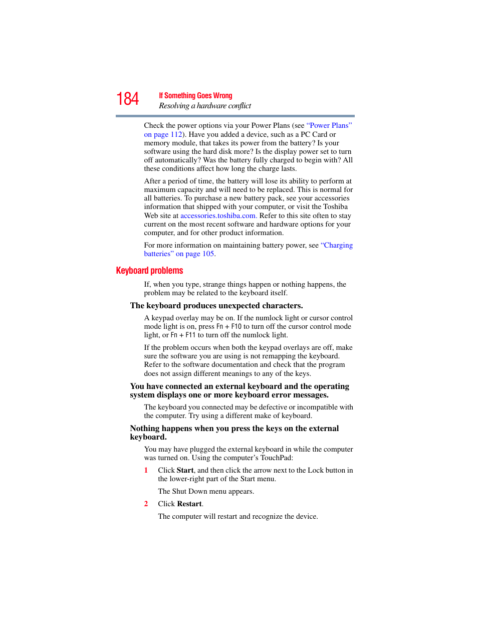 Keyboard problems | Toshiba A200 User Manual | Page 184 / 244